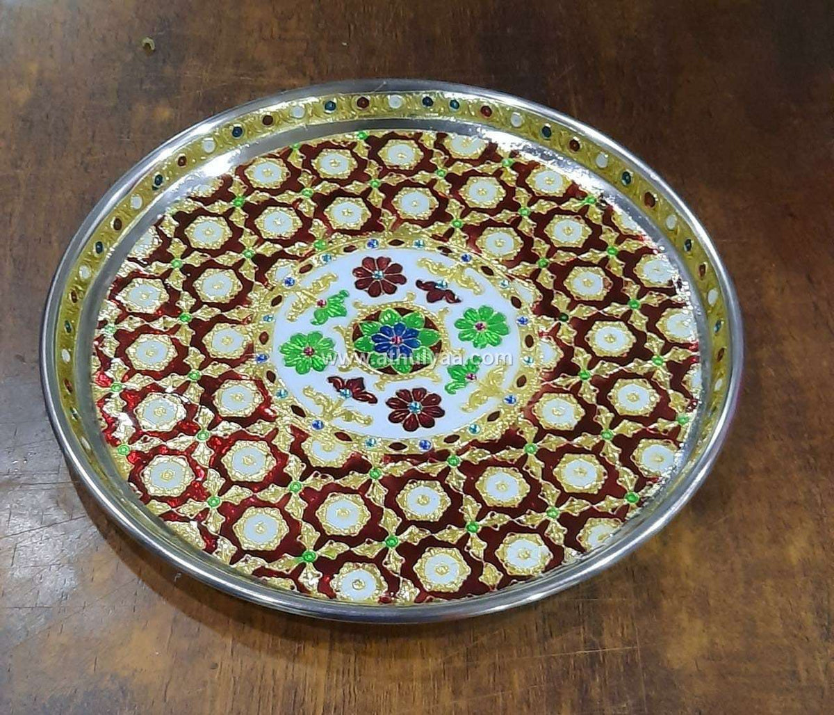 Stainless Steel Meenakari Pooja Plate-7 inches