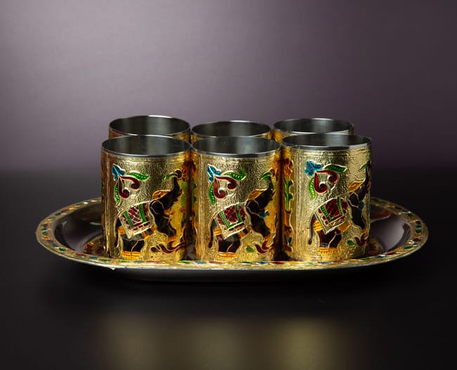 Meenakari Tray Set with 6 glasses