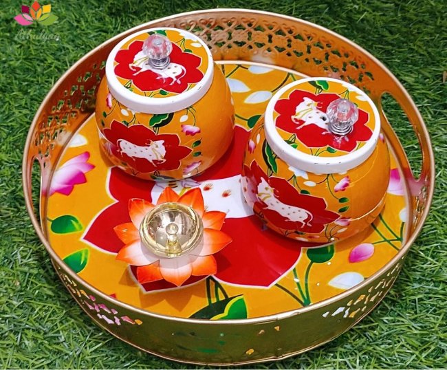 Pichwai metal tray with matching Jar and Diya