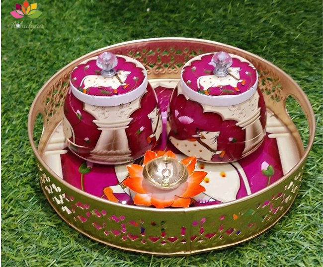 Pichwai metal tray with matching Jar and Diya