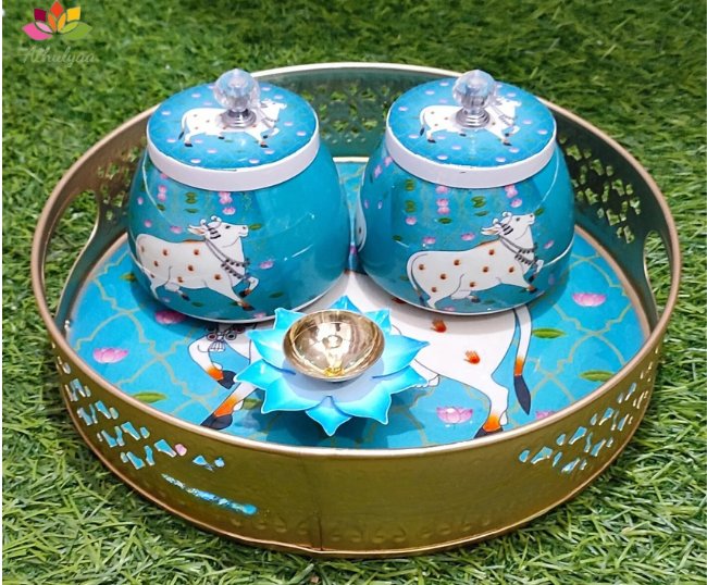 Pichwai metal tray with matching Jar and Diya
