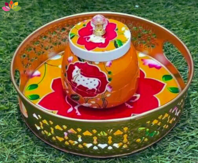 Pichwai metal tray with 1 matching Jar