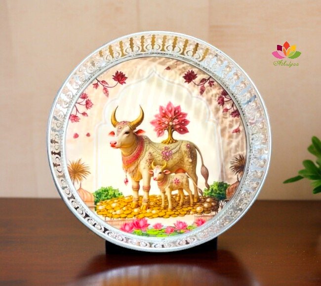 German Silver Pichwai Tray Cow And Calf