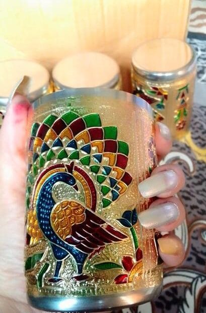 Meenakari Glass with peacock Print in Gift box