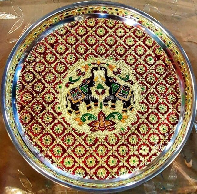 Stainless Steel Meenakari Pooja Plate-7 inches