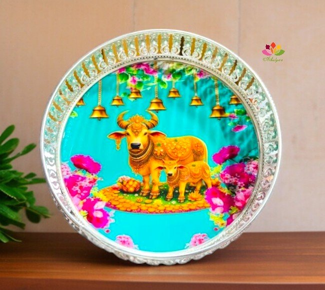 German Silver Pichwai Tray Cow And Calf