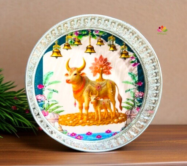 German Silver Pichwai Tray Cow And Calf