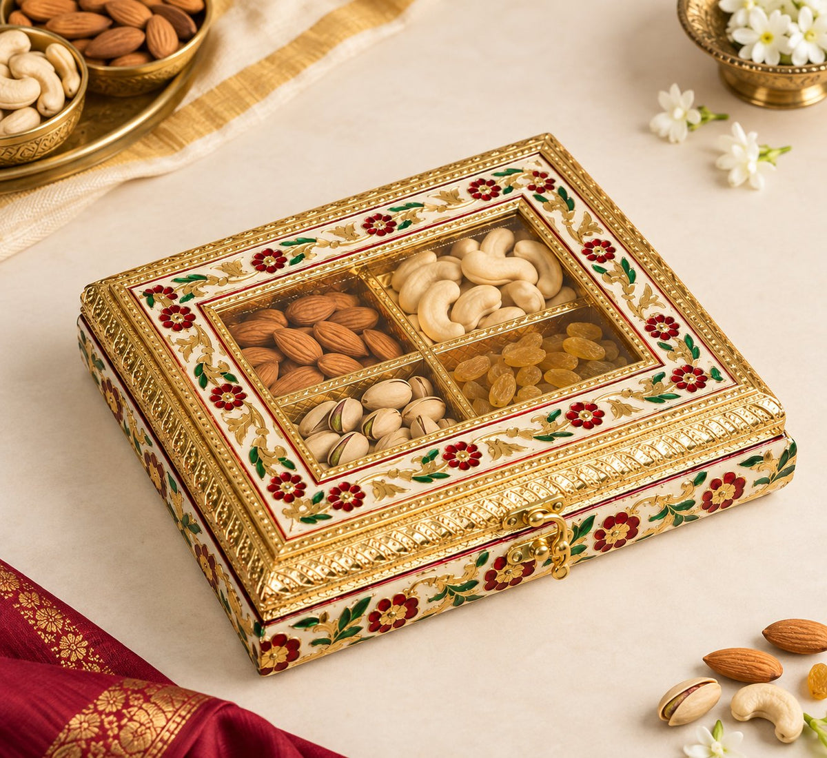 Golden Meenakari Transparent Dry fruit box