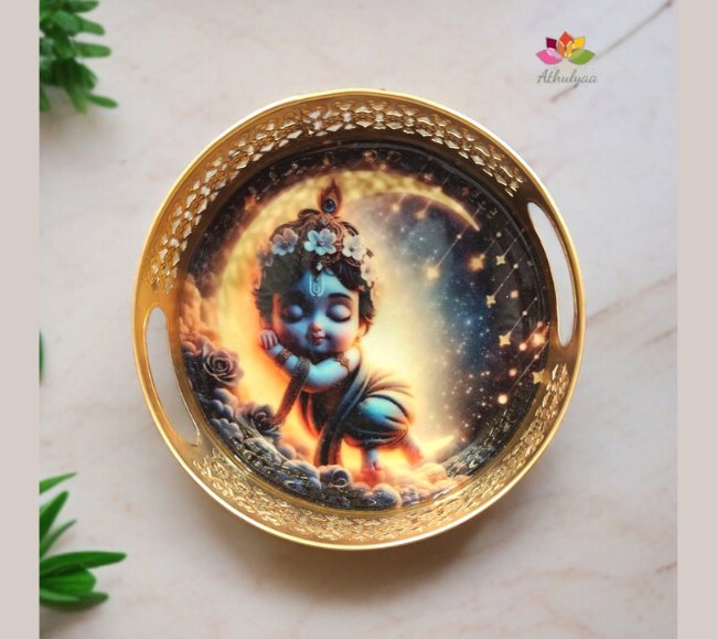 Krishna Round Metal Tray