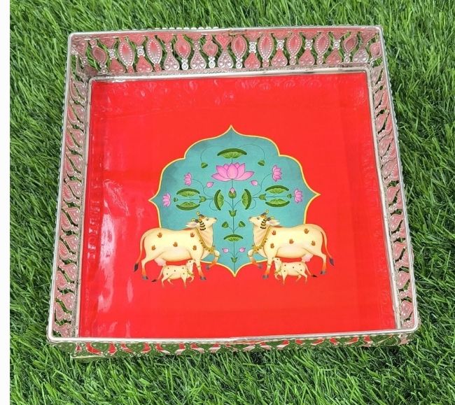 Square Pichwai German Silver Tray