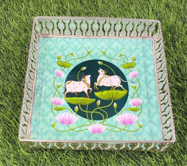 Square Pichwai German Silver Tray