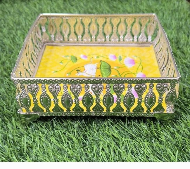 Square Pichwai German Silver Tray