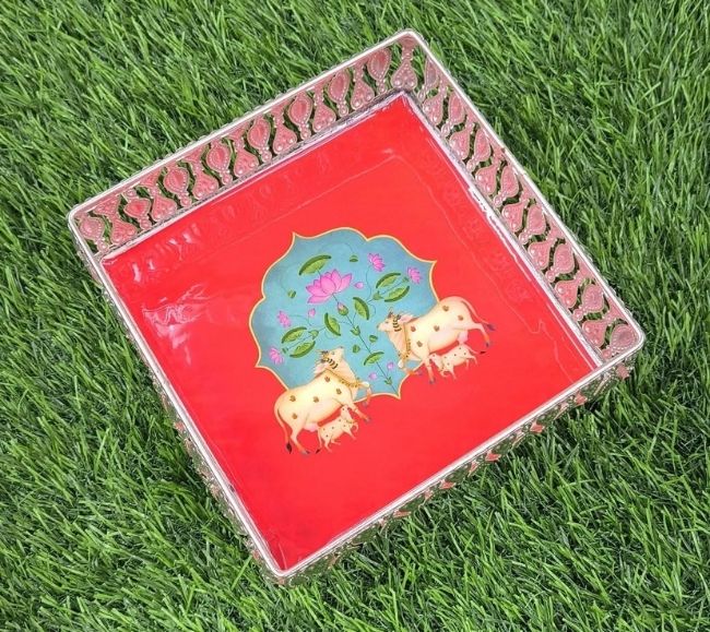 Square Pichwai German Silver Tray