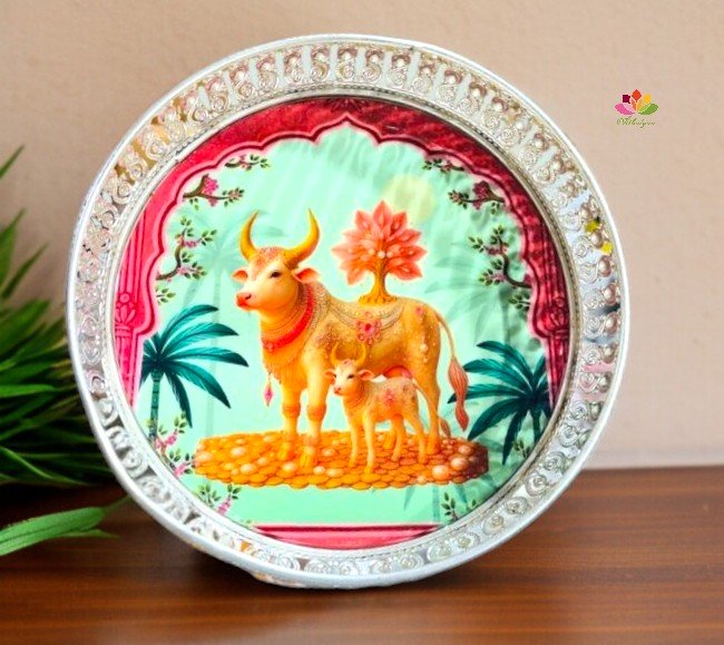 German Silver Pichwai Tray Cow And Calf